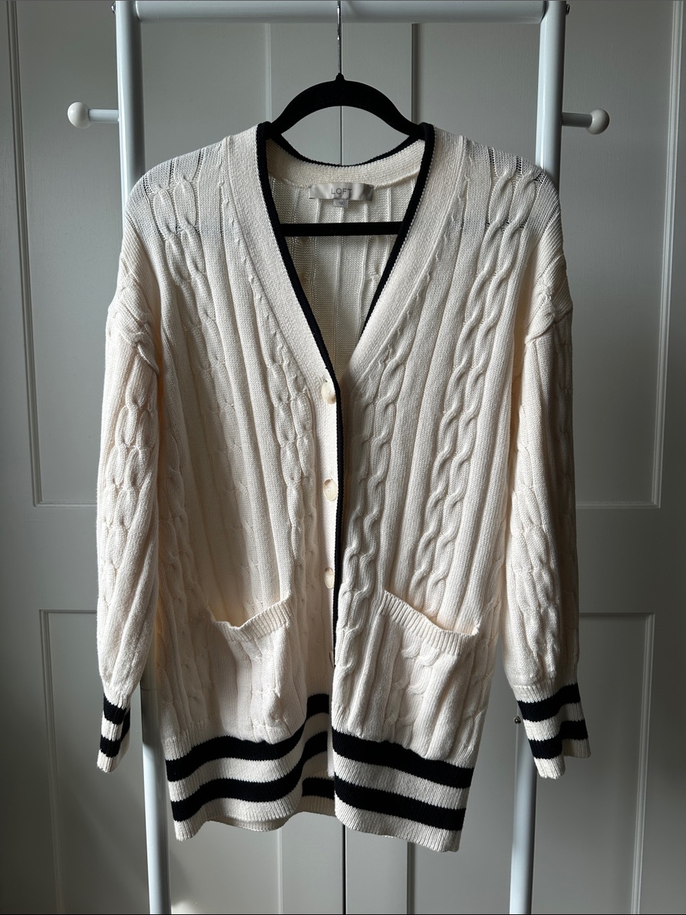 LOFT Cream Cable Knit Cardigan with Black Trim